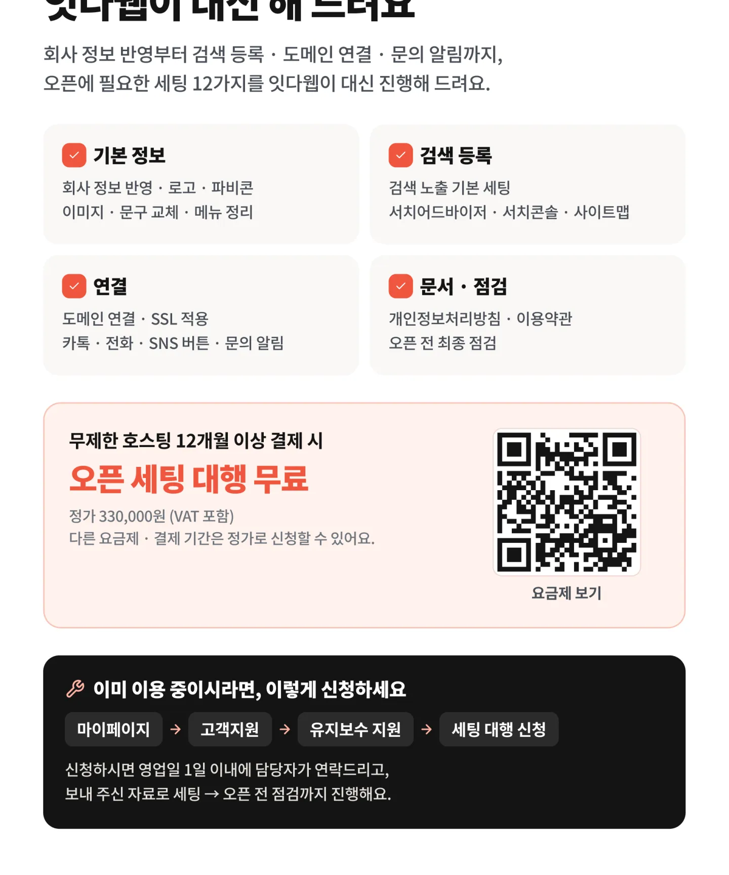 처음 세팅이 막막하시다면, 잇다웹이 대신 해 드려요 — 무제한 호스팅 12개월 이상 결제 시 오픈 세팅 대행 무료(정가 330,000원). 이미 이용 중이라면 마이페이지 › 고객지원 › 유지보수 지원 › 세팅 대행 신청