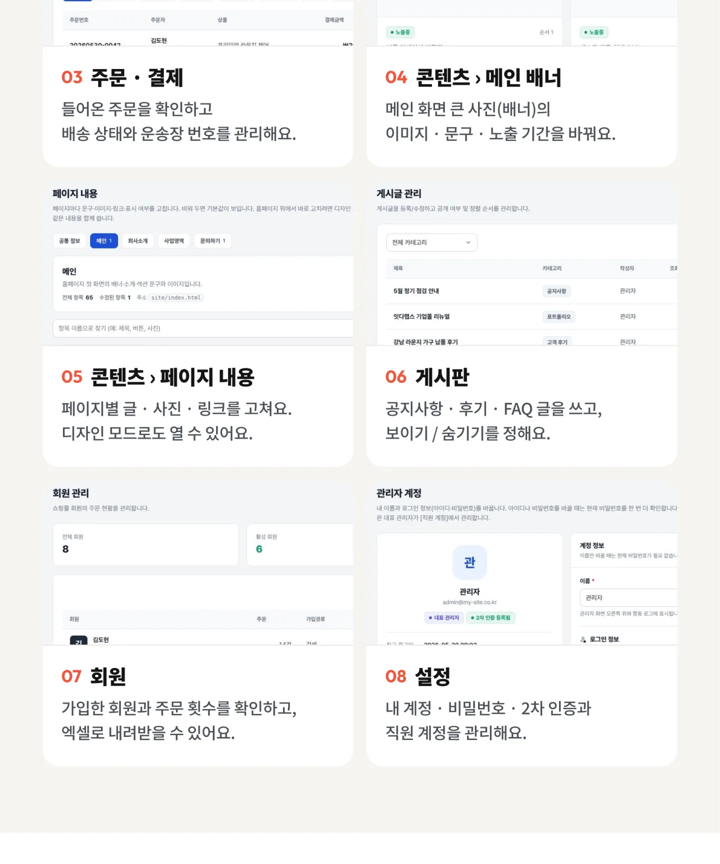 메뉴별 관리 — 상담·문의, 상품, 주문, 게시글, 회원, 디자인 모드