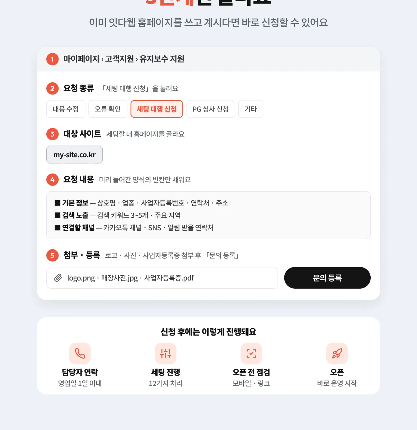 신청은 마이페이지에서 5단계면 끝나요 — 마이페이지 › 고객지원 › 유지보수 지원, 요청 종류 세팅 대행 신청